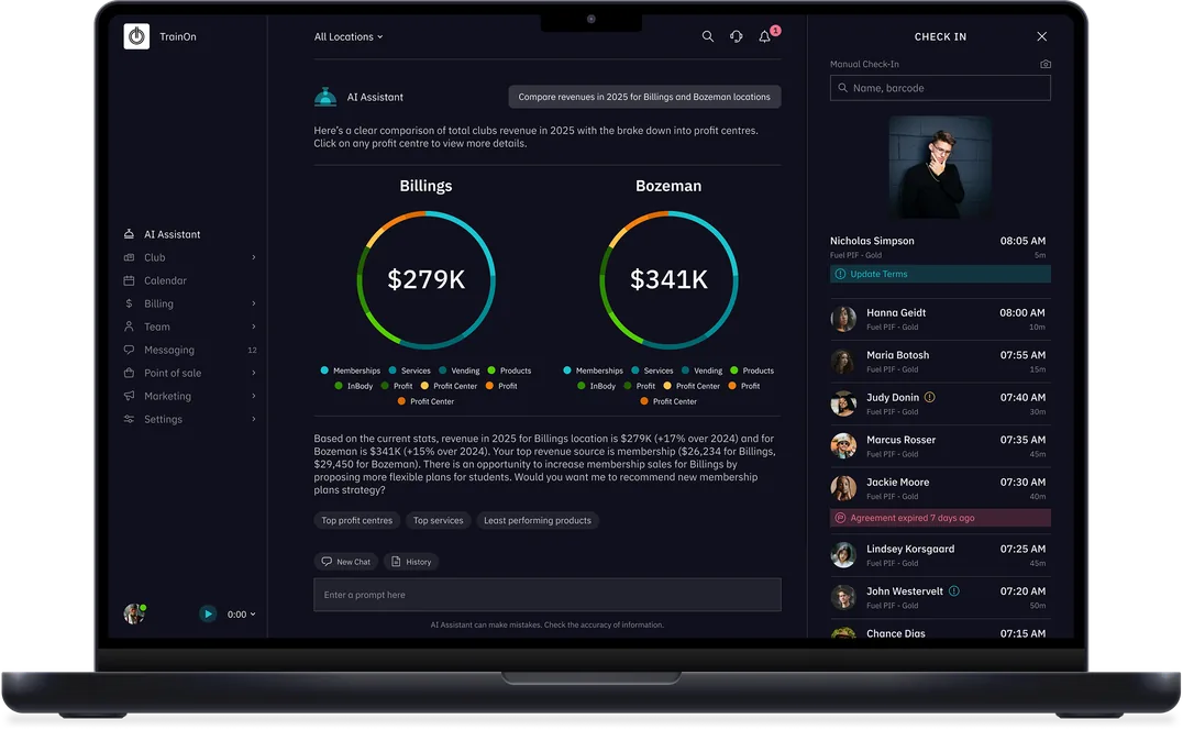 TrainOn AI Assistant comparing 2025 revenue for the Billings and Bozeman clubs, by profit center