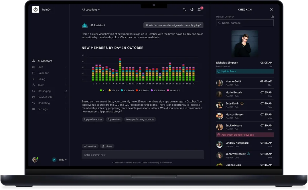 TrainOn AI Assistant charting new member sign-ups by day in October, by membership plan