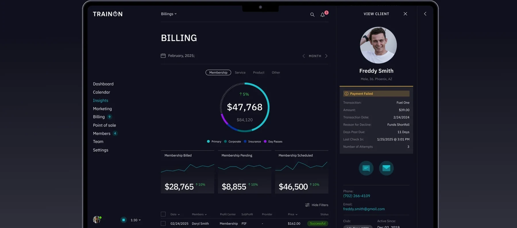 TrainOn billing screen with a failed payment