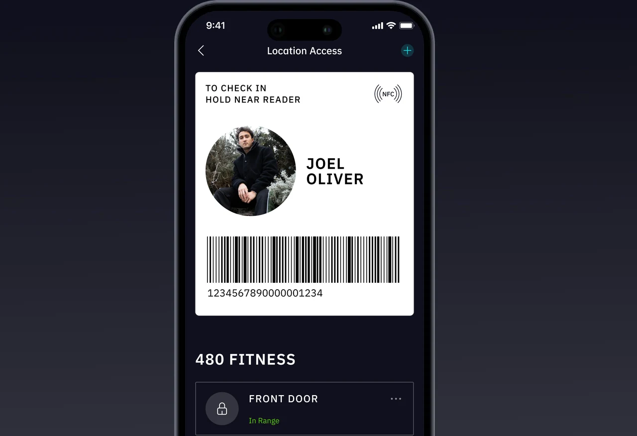 Location Access in the TrainOn app: the member's check-in card and the doors they can open
