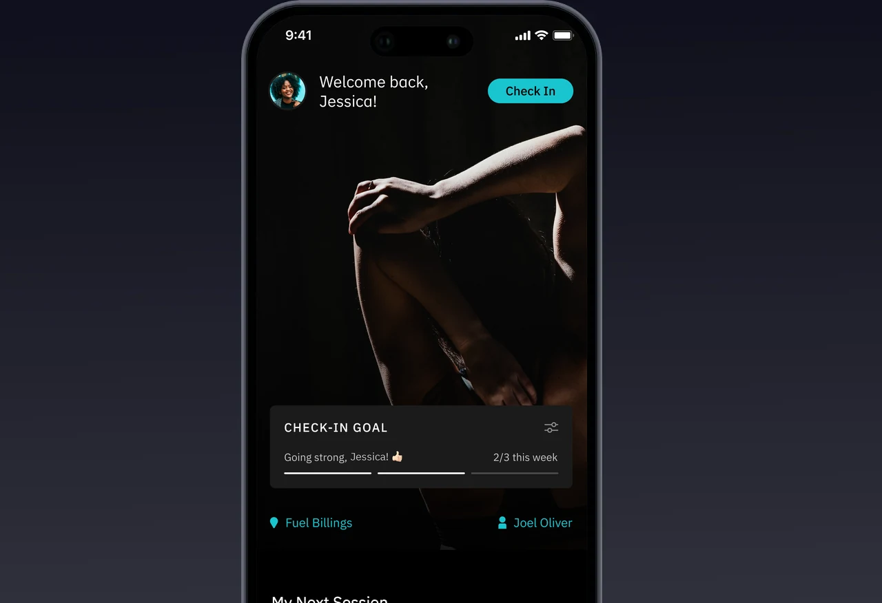 Member home screen in the TrainOn app, with the Check In button and a weekly check-in goal