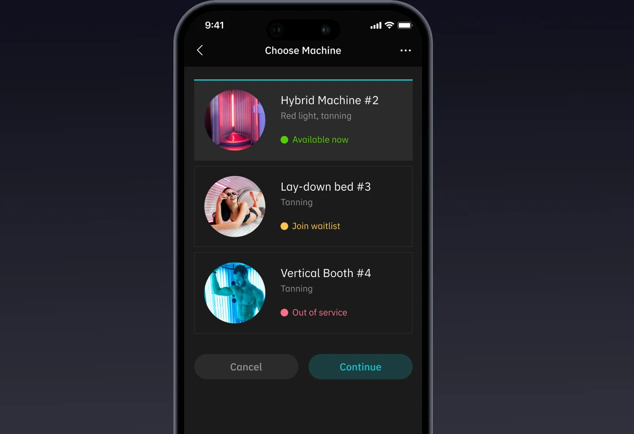 Choosing a tanning bed or booth in the TrainOn app, with which ones are available now