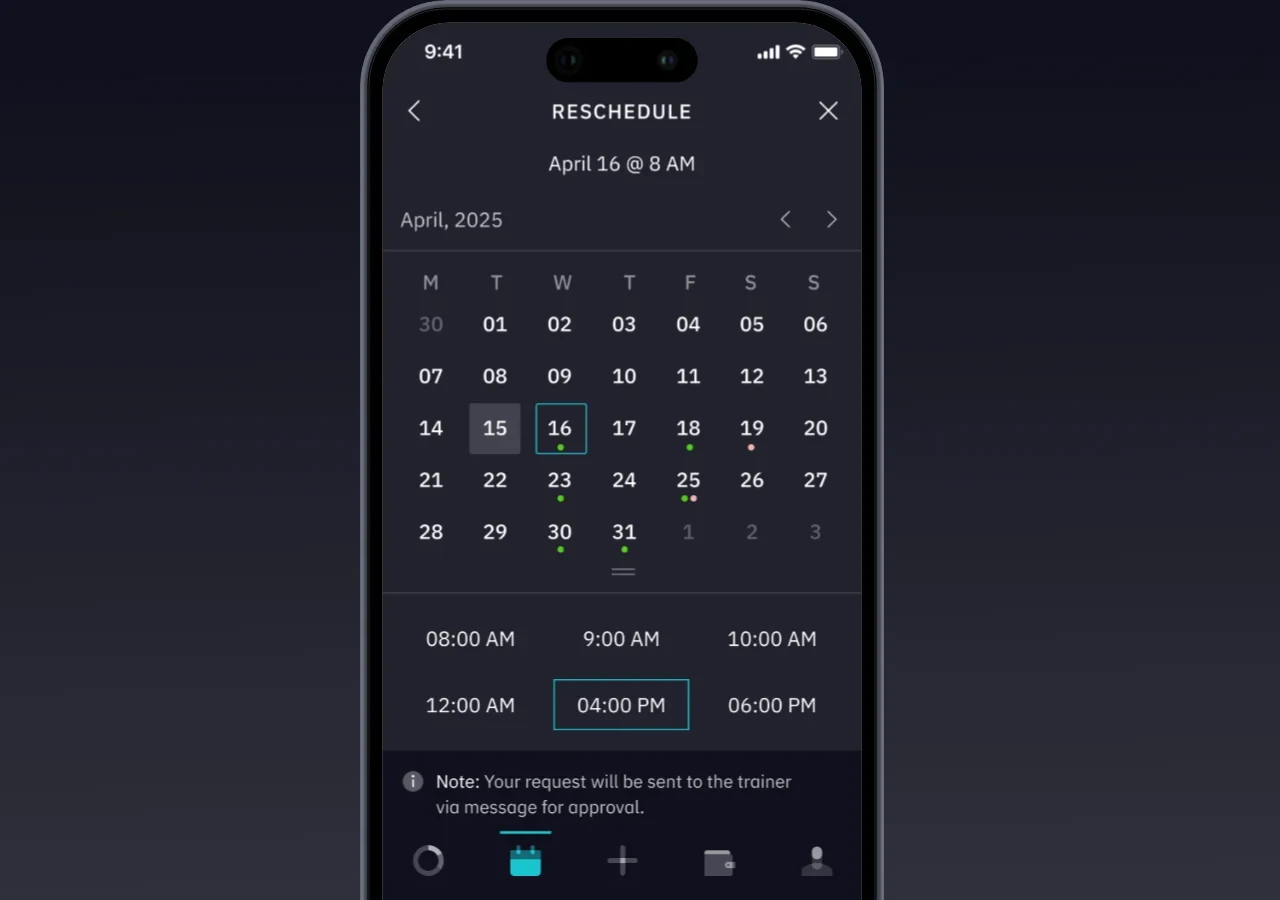 TrainOn reschedule screen on the member app